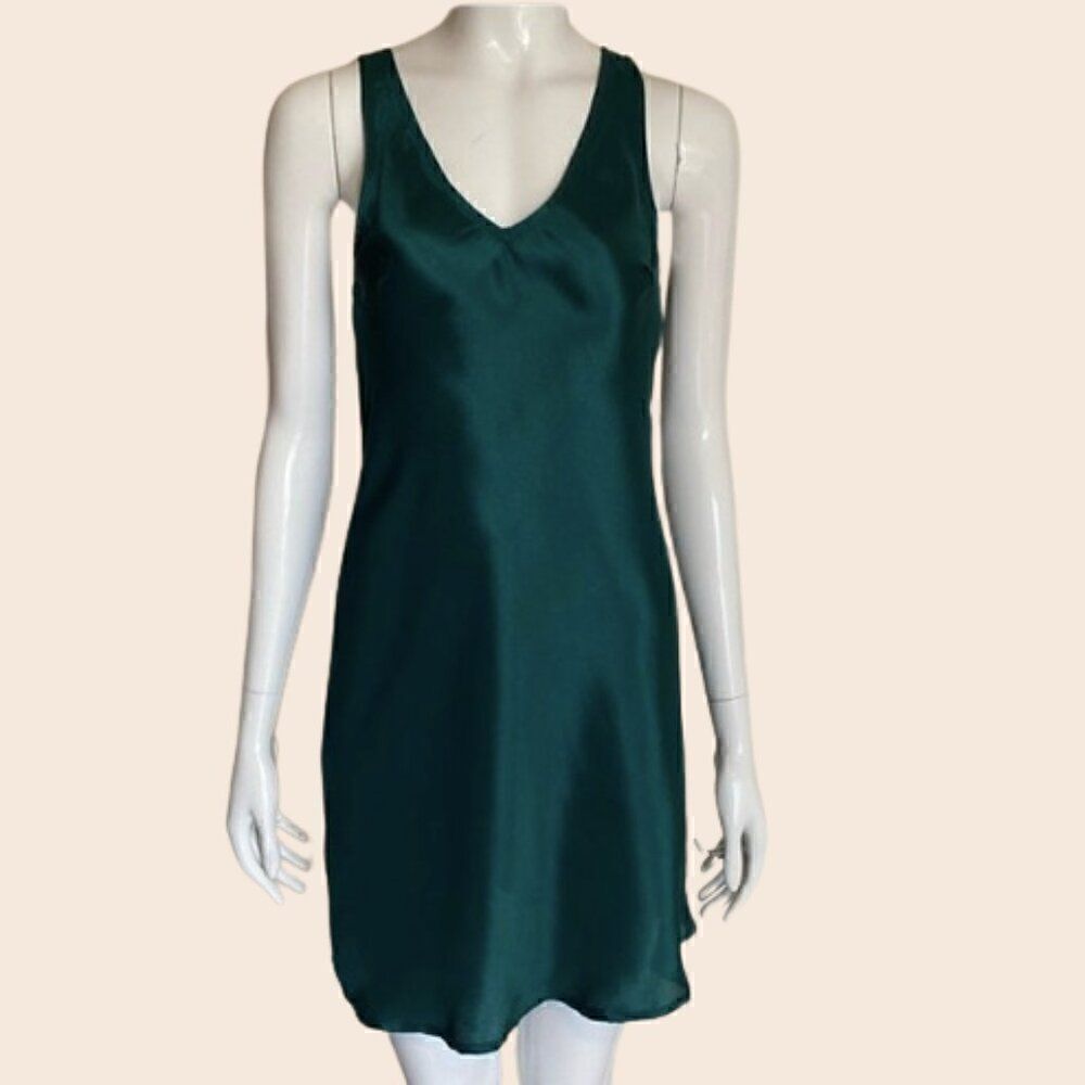 Anthropologie Ranna Gill Dark Emerald Green Satin Mini Dress Size XXS